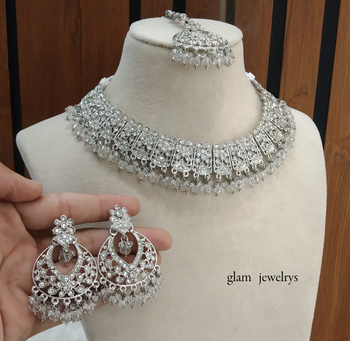 Silver Crystal  Indian Bridal Isha Jewellery Necklace Set