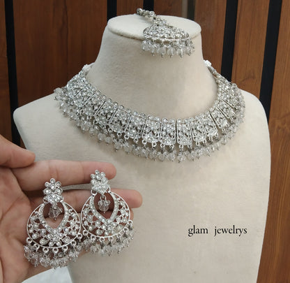 Silver Crystal  Indian Bridal Isha Jewellery Necklace Set
