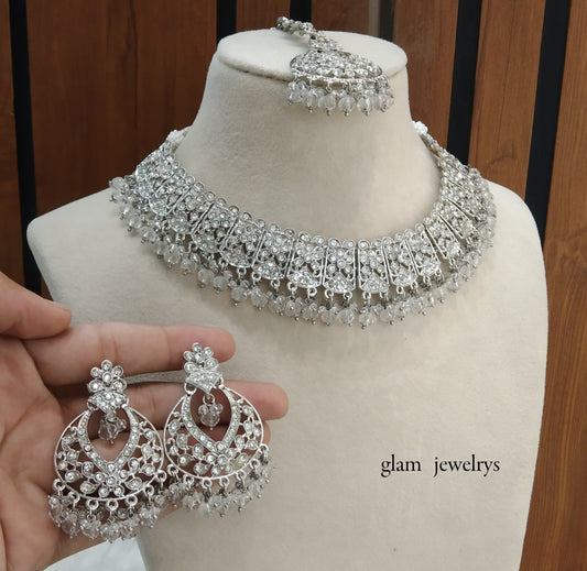 Silver Crystal  Indian Bridal Isha Jewellery Necklace Set