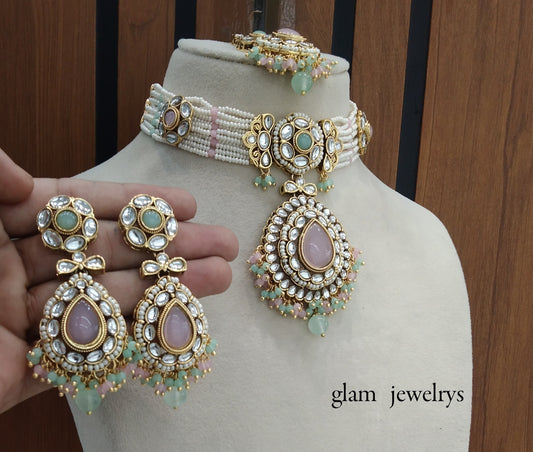 Mint Pink kundan Indian jewellery choker Balwinder sets