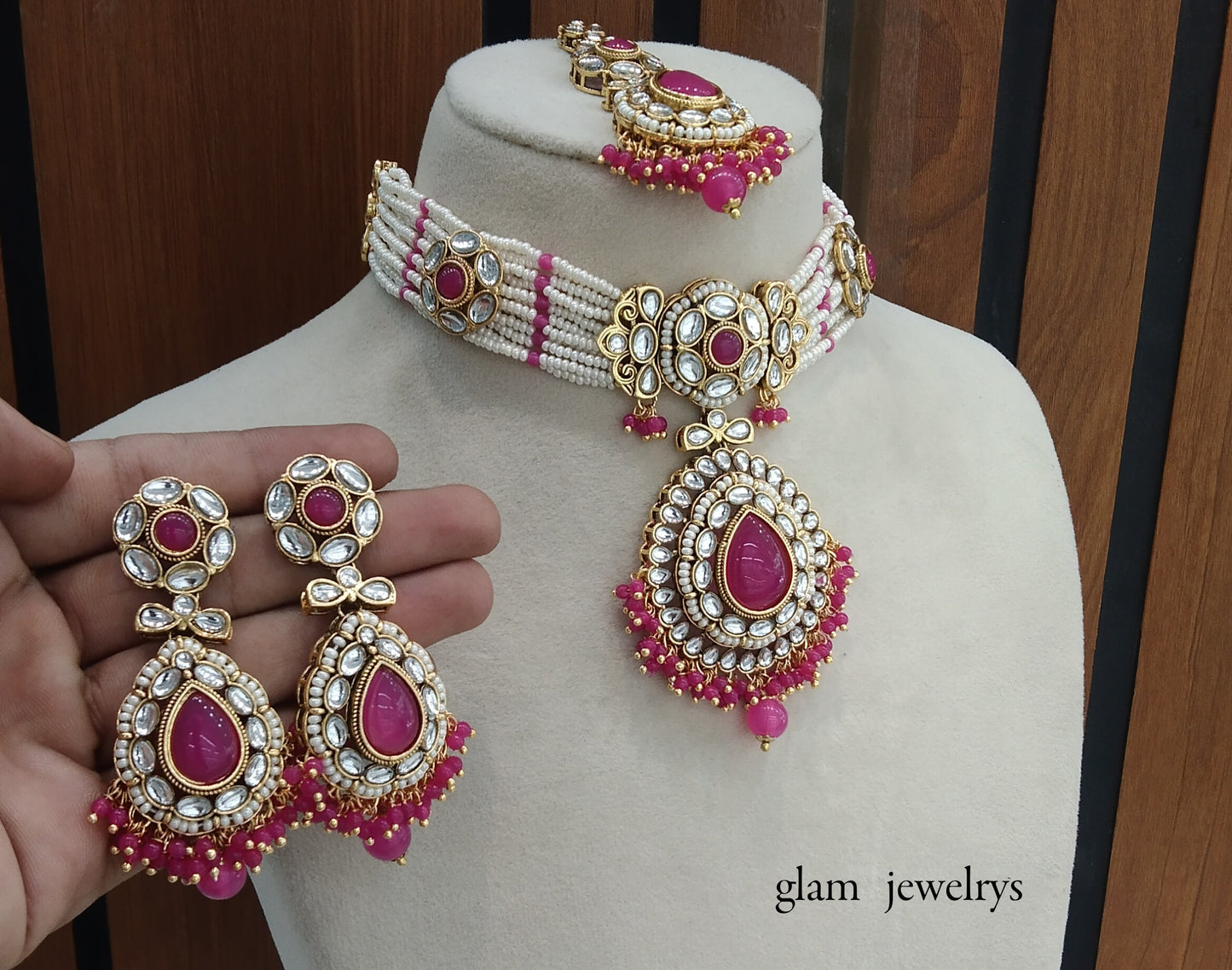 Dark Pink kundan Indian jewellery choker Balwinder sets