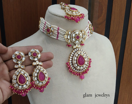 Dark Pink kundan Indian jewellery choker Balwinder sets