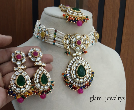 Multi Color kundan Indian jewellery choker Balwinder sets