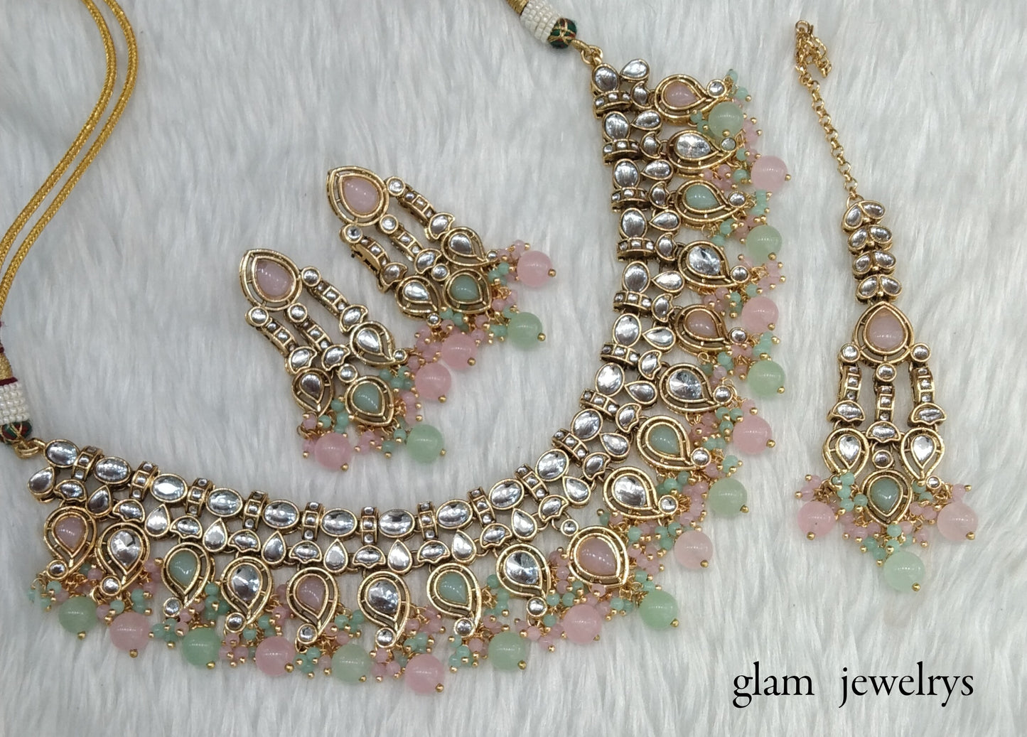 Mint Pink Kundan necklace Set/ kundan Indian jewelry Baljinder sets