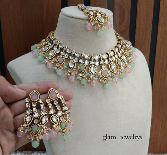 Mint Pink Kundan necklace Set/ kundan Indian jewelry Baljinder sets