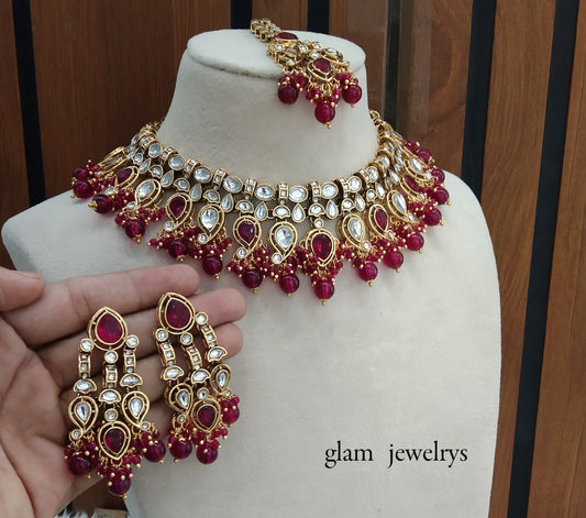Magenta Kundan necklace Set/ kundan Indian jewelry Baljinder sets