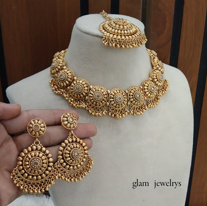 Gold polki Necklace set/ Gold Necklace Kiran set