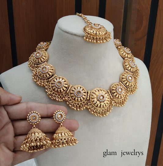 Gold polki Necklace set/ Gold Necklace Kiran set