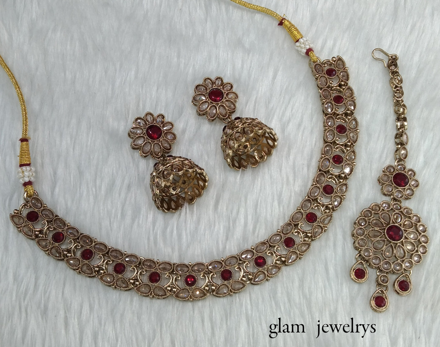 Antique Gold Maroon Indian Bridal Jewellery Necklace Nisha Set