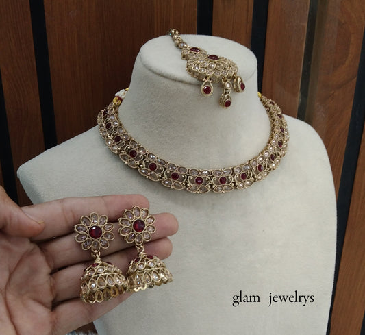 Antique Gold Maroon Indian Bridal Jewellery Necklace Nisha Set