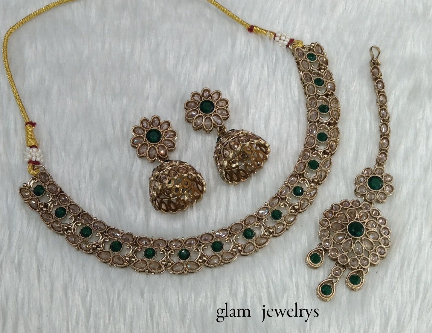 Antique Gold Green Indian Bridal Jewellery Necklace Nisha Set