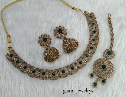 Antique Gold Green Indian Bridal Jewellery Necklace Nisha Set