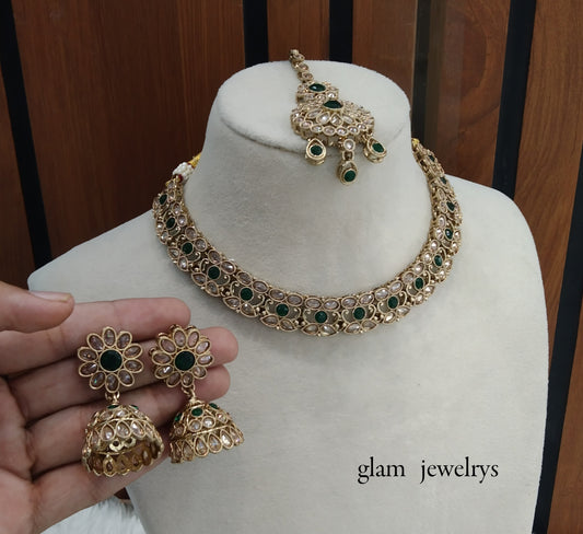 Antique Gold Green Indian Bridal Jewellery Necklace Nisha Set