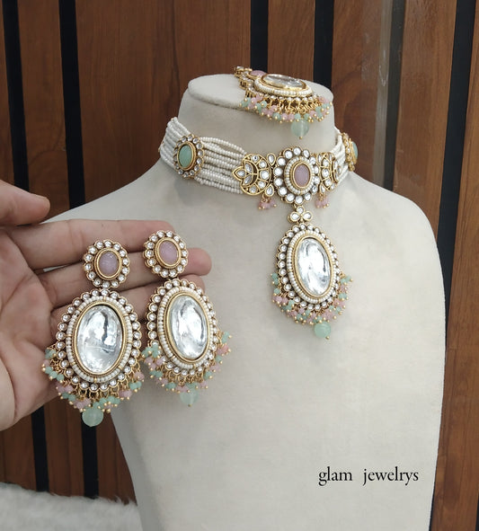 Mint Pink  kundan Choker Indian jewellery Sharan sets