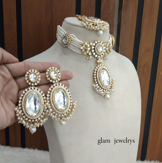 Gold white kundan Choker Indian jewellery Sharan sets