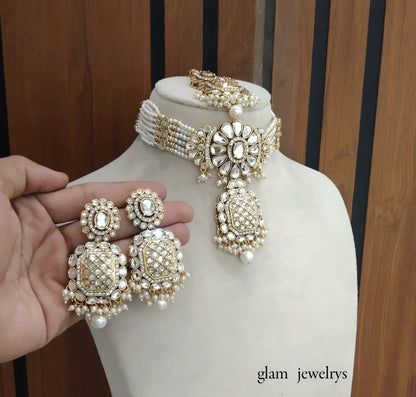 Gold White kundan Choker Indian jewellery Joti sets