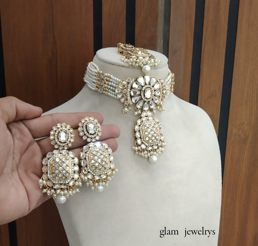 Gold White kundan Choker Indian jewellery Joti sets