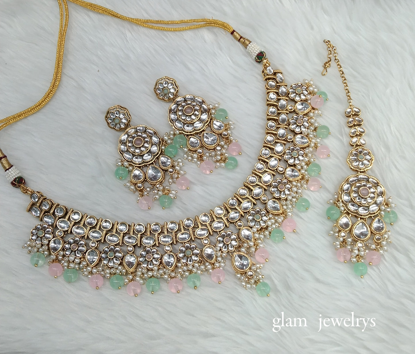 Mint Pink Kundan necklace Set/ kundan Indian jewelry kundan Rekha sets