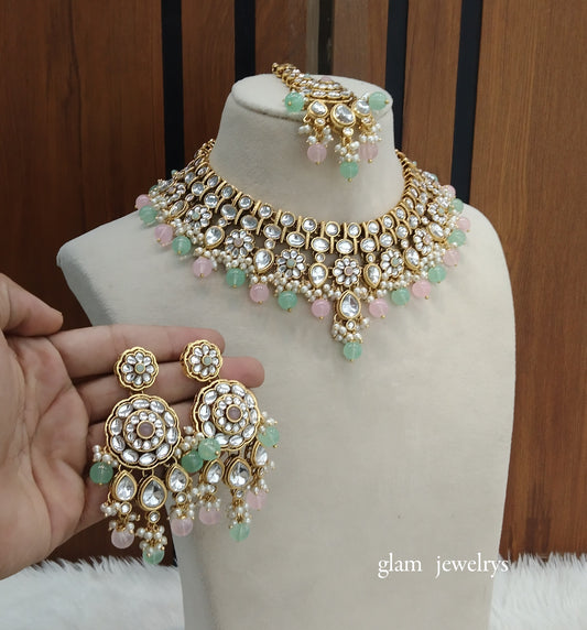 Mint Pink Kundan necklace Set/ kundan Indian jewelry kundan Rekha sets