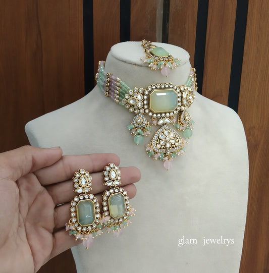 Mint Pink kundan Choker Indian jewellery Gurleen sets