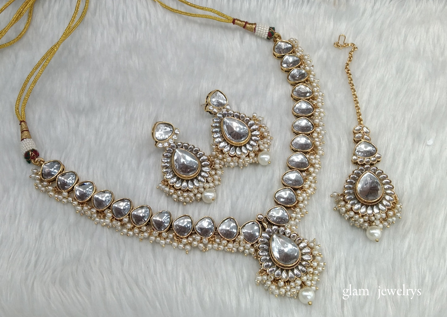 Gold White Kundan necklace Set/ kundan Indian jewellery kundan Uma sets