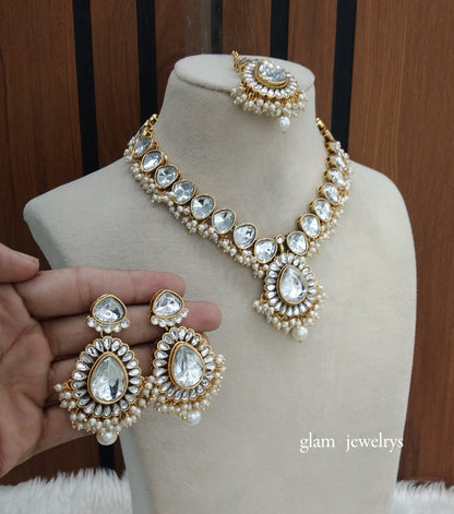 Gold White Kundan necklace Set/ kundan Indian jewellery kundan Uma sets
