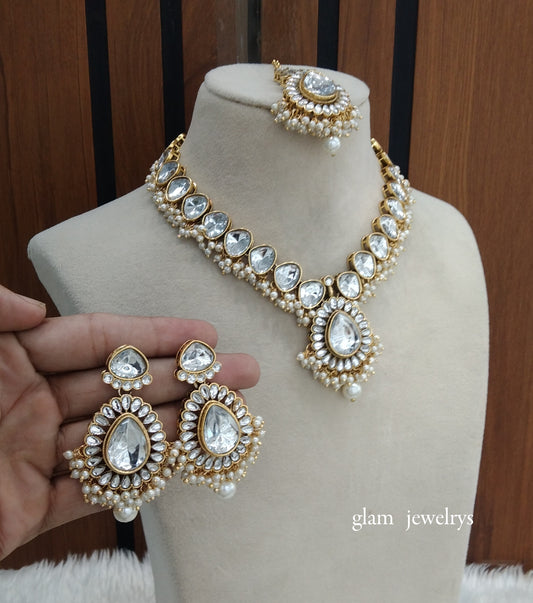 Gold White Kundan necklace Set/ kundan Indian jewellery kundan Uma sets