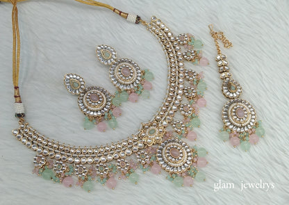 Mint Pink Kundan necklace Set/ kundan Indian jewellery Preeti sets