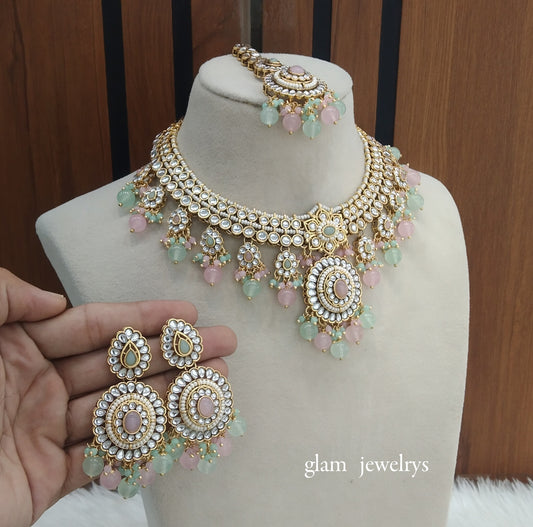 Mint Pink Kundan necklace Set/ kundan Indian jewellery Preeti sets