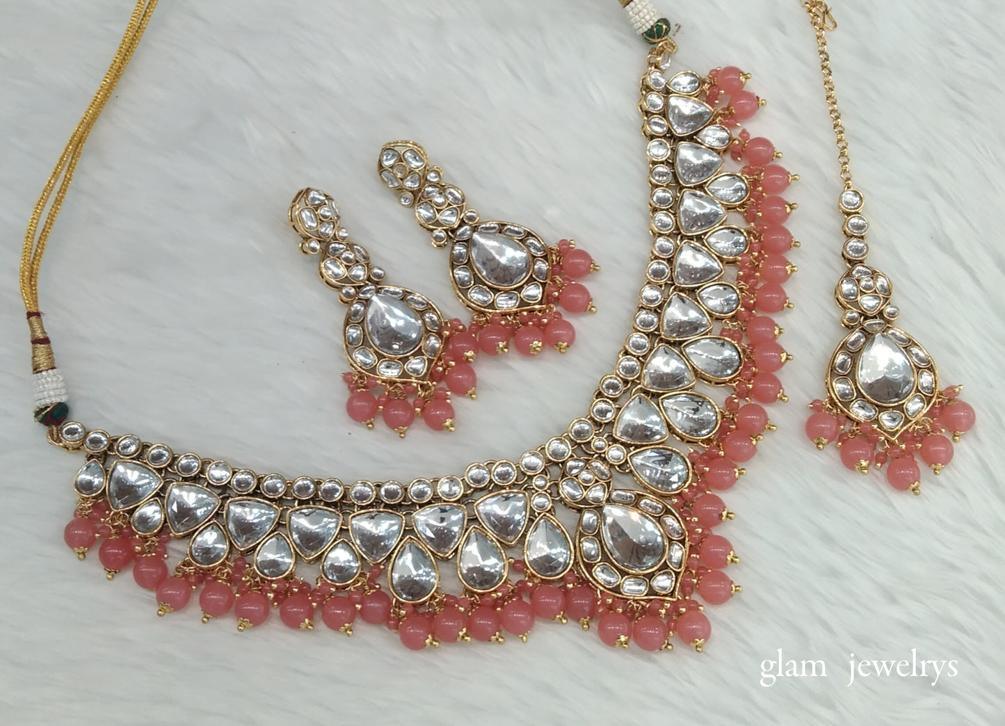Orange Peach Kundan necklace Set/ kundan Indian jewellery Mekha sets