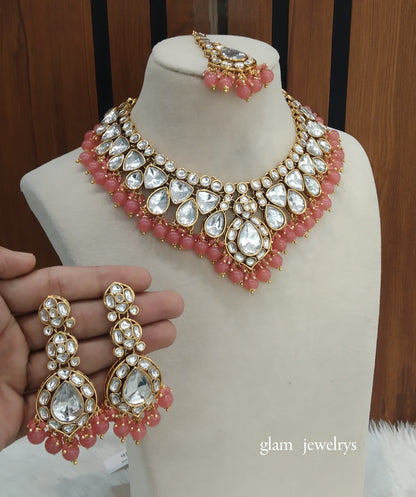 Orange Peach Kundan necklace Set/ kundan Indian jewellery Mekha sets