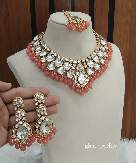 Orange Peach Kundan necklace Set/ kundan Indian jewellery Mekha sets
