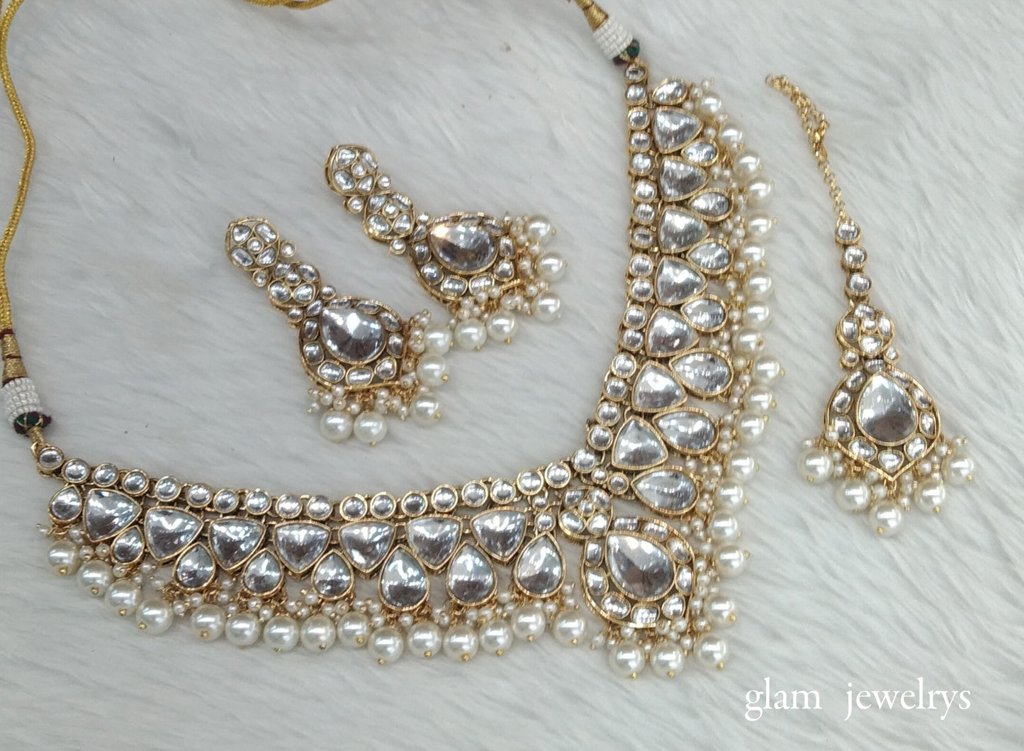 Gold White Kundan necklace Set/ kundan Indian jewellery Mekha sets