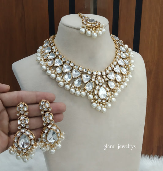 Gold White Kundan necklace Set/ kundan Indian jewellery Mekha sets