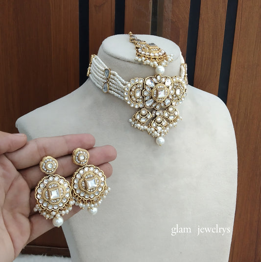 Gold White kundan Choker Indian jewellery Jasveer sets