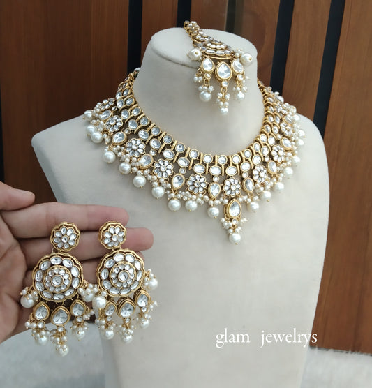 Gold White Kundan necklace Set/ kundan Indian jewellery Simran sets