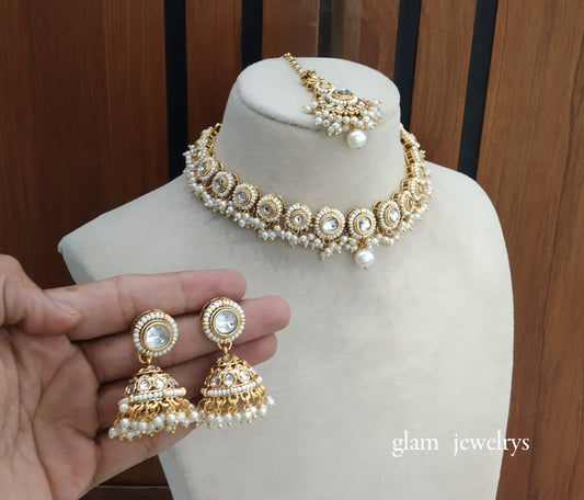 Gold White Kundan necklace Set/ kundan Indian jewellery Ruhi sets
