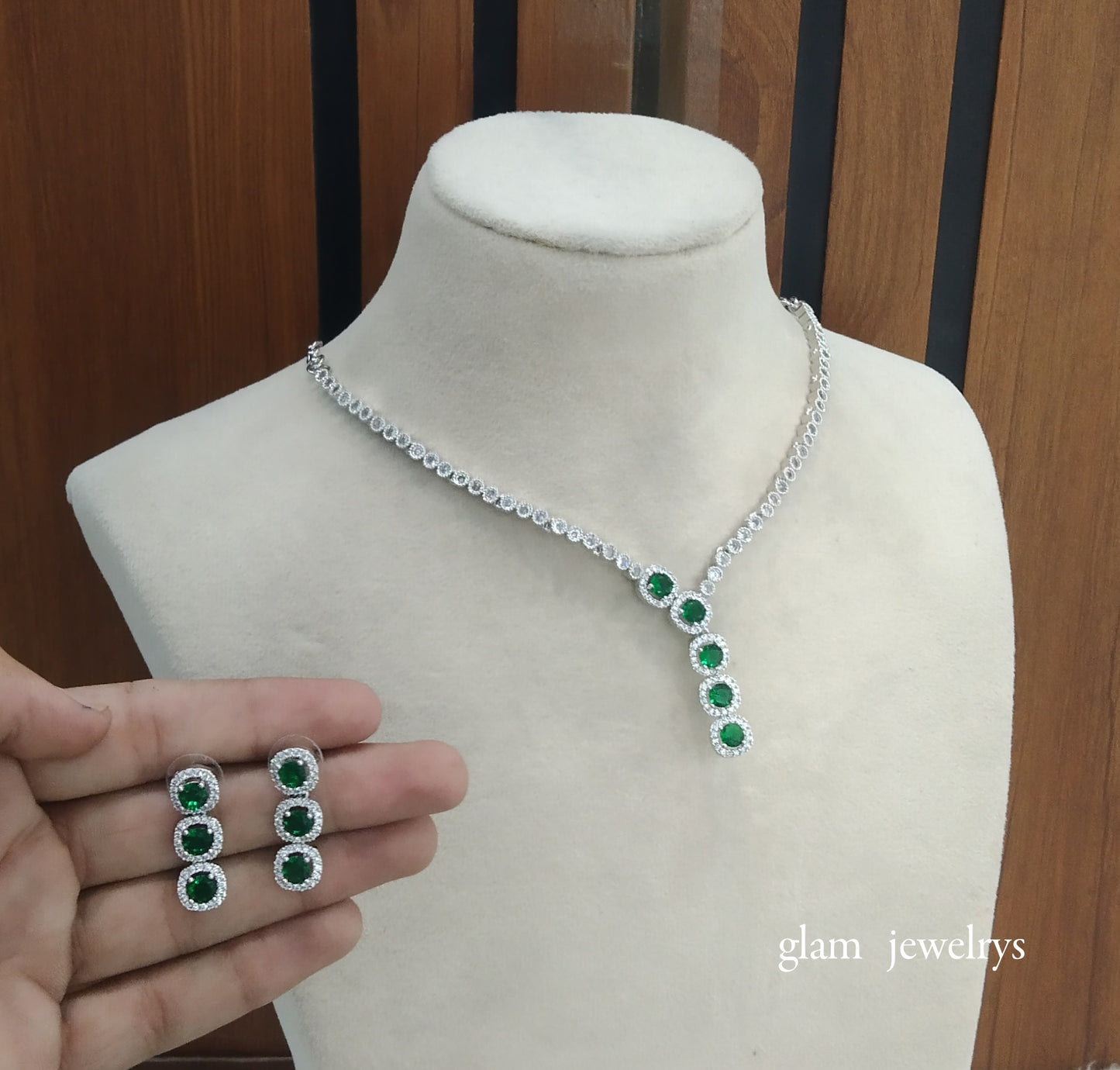 Silver Green  American Diamond AD Maya Necklace Set /Indian Necklace Set
