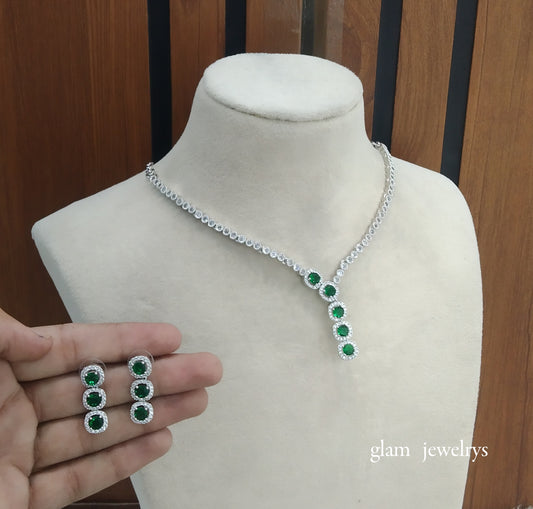 Silver Green  American Diamond AD Maya Necklace Set /Indian Necklace Set