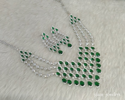 Silver Green American Diamond AD Julia Necklace Set /Indian Necklace Set