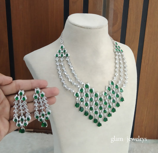 Silver Green American Diamond AD Julia Necklace Set /Indian Necklace Set