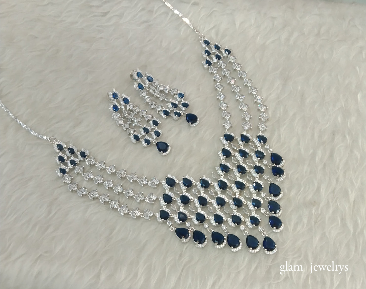 Silver Blue American Diamond AD Julia Necklace Set /Indian Necklace Set