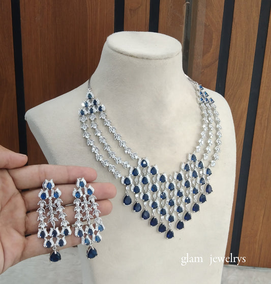 Silver Blue American Diamond AD Julia Necklace Set /Indian Necklace Set