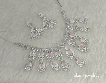 Silver Baby Pink American Diamond AD Nora Necklace Set /Indian Necklace Set