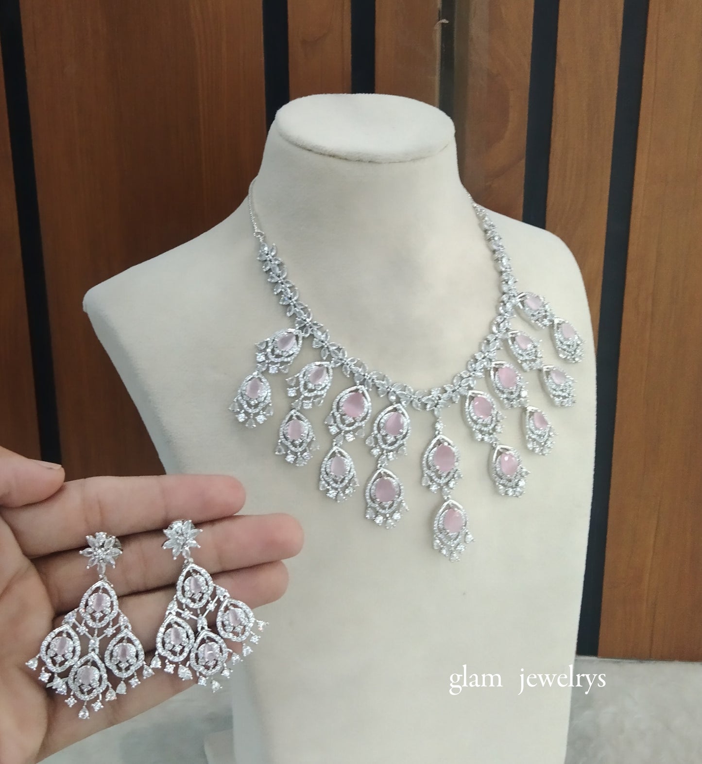 Silver Baby Pink American Diamond AD Nora Necklace Set /Indian Necklace Set