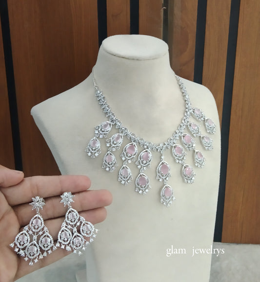 Silver Baby Pink American Diamond AD Nora Necklace Set /Indian Necklace Set