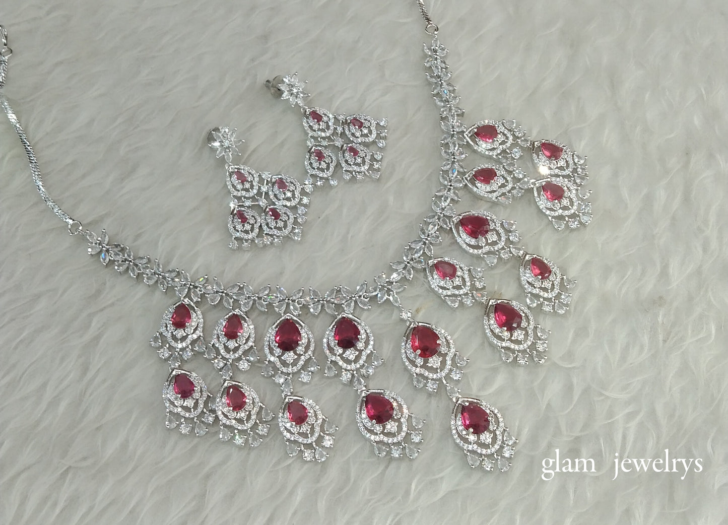 Silver Ruby American Diamond AD Nora Necklace Set /Indian Necklace Set