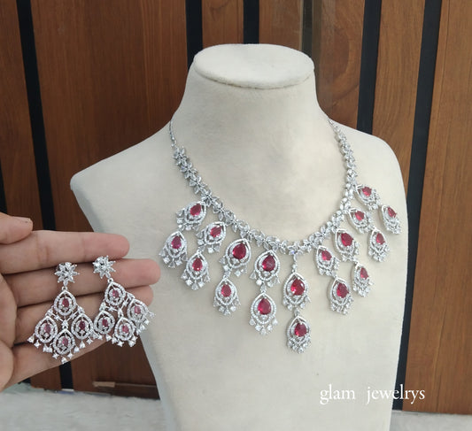 Silver Ruby American Diamond AD Nora Necklace Set /Indian Necklace Set