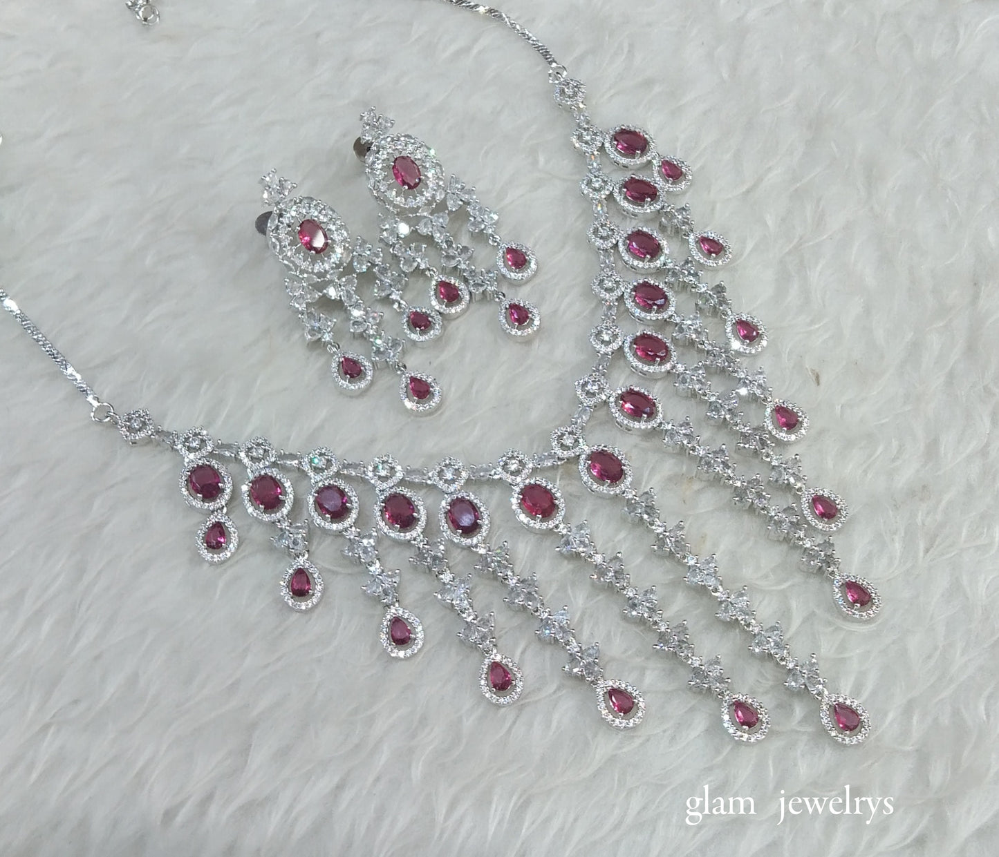 Silver Ruby American Diamond AD Luna Necklace Set /Indian Necklace Set