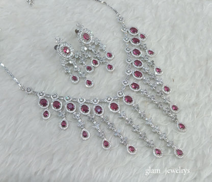 Silver Ruby American Diamond AD Luna Necklace Set /Indian Necklace Set